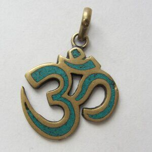 turquoise inlay and brass (I think) ohm pendant (5070)